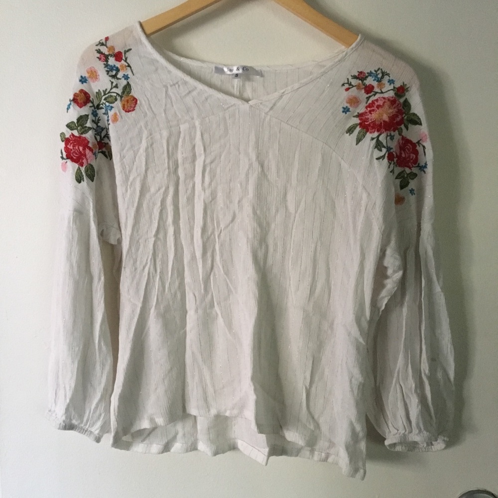 Joy & Co floral embroidered peasant blouse size S